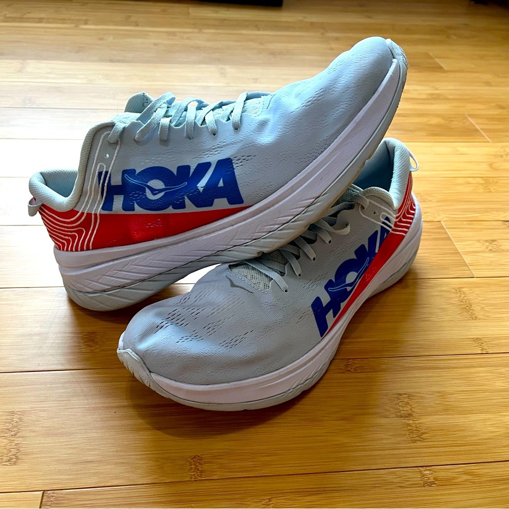 Hoka Men's Athletic Shoes in Light Gray, Blue & Red
